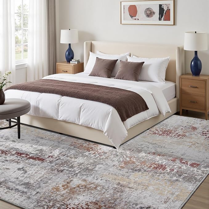 Toneed Abstract Area Rug Modern Washable Rug Soft Non Slip Rug Low Pile for Bedroom Living Room Dining Room Taupe Grey Brown 9x11 Feet