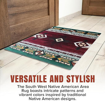 YHSF South West Native American Area Rug C318 - Easy Clean, Thick, Soft, Durable Native Tribal American Indian Inspired Rug for Bedroom/Living Room and More - Burgundy, 5 Feet x 7 Feet
