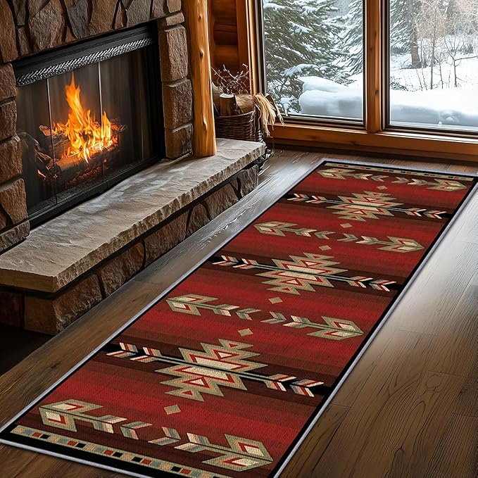 Red Arrow Runner Rug, 3x10ft Retro Geometric Hallway Runner Rug - Corridor & Busy Home Foyer Rugs, Washable Flannel Non-Slip Mat, Southwestern Tribe Decor Carpet for High-Traffic Areas