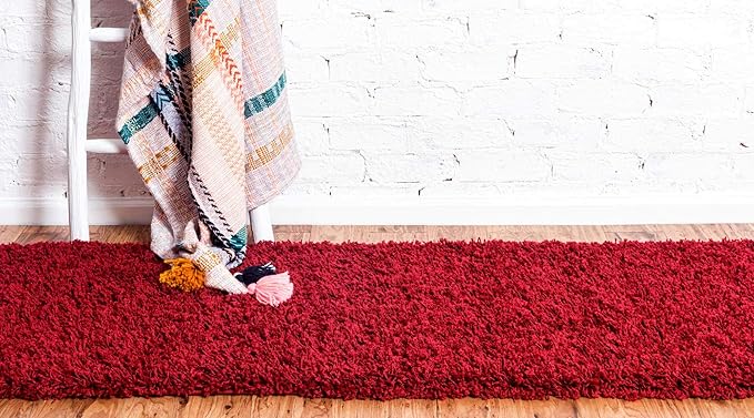 Unique Loom Solid Shag Collection Area Rug (2' 6" x 16' 5" Runner, Cherry Red)