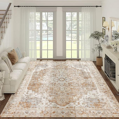 jinchan Kelda Living Room Area Rug 10x12 Washable Rug Vintage Indoor Large Floor Cover Distressed Lightweight Non-Slip Low Pile Thin Mat Stain Resistant Carpet for Bedroom Dining Room Office Brick Red