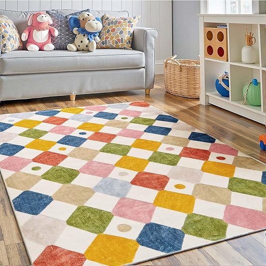 jinchan Macy Area Rug 4x6 Kids Washable Indoor Floor Cover Non-Slip Modern Soft Rug Elementary School Classroom Colorful Diamond Carpet for Nursery Playroom Daycare Bedroom Living Room Circus on Cream