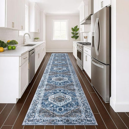KOZYFLY Runners for Hallways 3x16 Ft Extra Long Washable Kitchen Thin Runner Rug Boho Runner Rug for Entryway Indoor Blue Printed Oriental Faux Wool Stair Floor Carpet Runner for Stair Kitchen Hall