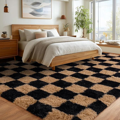 Extra Large Plush Rug High Pile Fluffy Rug for Living Room, Big Plush Non-Skid Shag Carpet, Soft Shaggy Rugs for Bedroom Indoor Modern Home Decor Grid 9x12ft