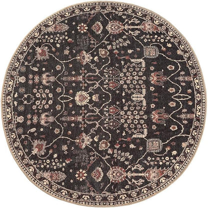 GLN Rugs Traditional Collection - Machine Washable Area Rug, Traditional Washable, Non Slip, Low Pile Chenille Rug, Living Room, Bedroom, Kitchen Rug (5'3" Round Black)