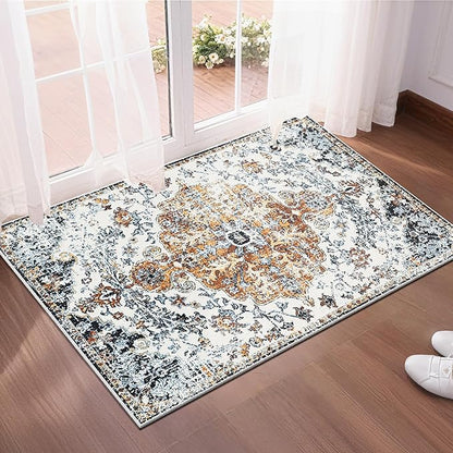 Small Area Rug 2x3ft Entryway Rug Non-Slip Vintage Washable Area Rugs Indoor Door Mat, Boho Faux Wool Carpet Kitchen Rugs with Rubber Backing for Bedroom, Kitchen, Room Entryway