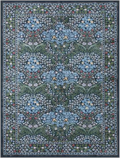 Lahome Floral Washable Rugs 8x10, Soft 8x10 Area Rugs for Living Room Bedroom, Boho Non-Slip Blue Forest Design Large Throw Carpet for Farmhouse Dining Room Office, Blue