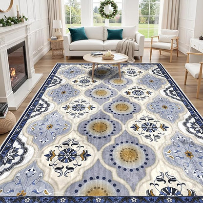 EnHomee Area Rugs 5x7, Soft Washable Rugs for Living Room Bedroom, Boho Non Slip Low Pile Stain Resistant Washable Rug Large Carpet for Dining Room,Easy to Clean Living Room Rug, Blue