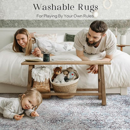 Phantoscope Washable Area Rug 5'x7' Non-Slip, Vintage Neutral Rugs for Living Room, Bedroom, Dining Room, Distressed Boho Floral Medallion Pattern, Low-Pile Foldable Floor Carpet, Blue/Grey