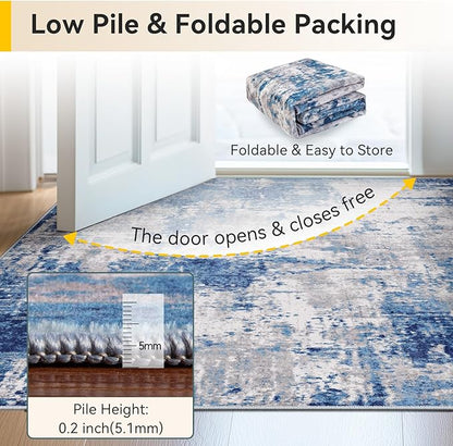 Washable Area Rugs 6ft Non-Slip Modern Abstract Soft for Living Room Entryway Bedroom Nursery, Print Pattern, Blue Grey Navy Gray