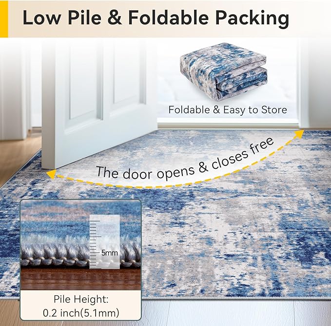 Washable Area Rugs 6'x8' Non-Slip Modern Abstract Soft for Living Room Entryway Bedroom Nursery, Print Pattern, Blue Grey Navy Gray