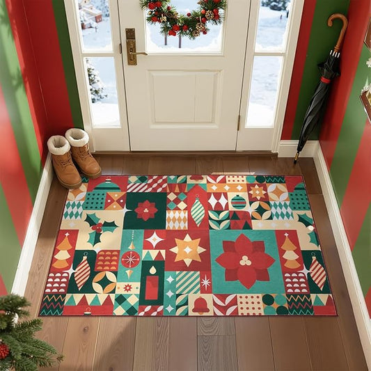 jinchan Christmas Rug 3x5 for Entryway Washable Christmas Bedroom Rug Xmas Geometric Doormat Non-Slip Soft Throw Carpet Festive Red-Green Holiday Patch Decor for Kitchen Living Room Bathroom