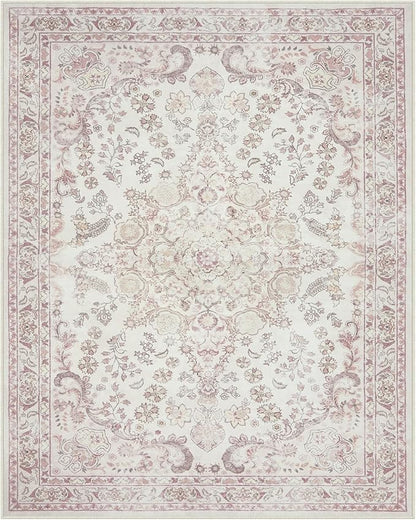 Wonnitar Floral Washable 8x10 Rug, Pink Area Rug for Bedroom Girls, Soft Non Slip Ultra-Thin Large Boho Vintage Home Decor Carpet for Living Room Nursery Dining Room Girl Room