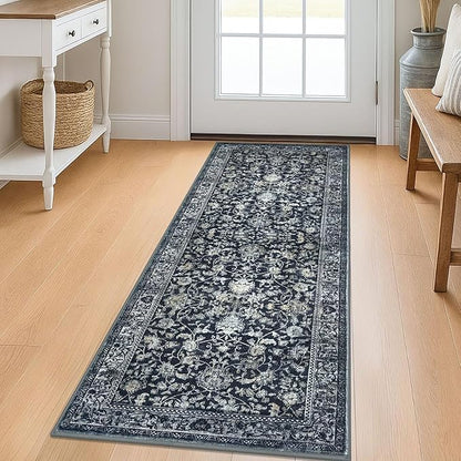 KILOCOCO Hallway Runner 2x5 Rug Runner Printed Vintage Floral Washable Kitchen Runners Non-slip Rubber Backed Runners for Hallways Laundry Room Distressed Boho Rugs for Entryway Bedroom, Navy/Charcoal