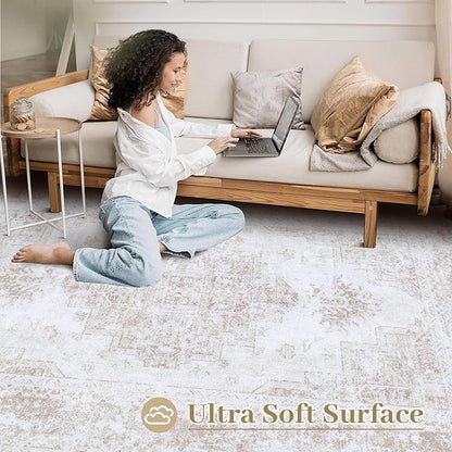 Bedroom Rug 3x5 Vintage Rugs, Machine Washable Small Area Rug Retro Medallion Distressed Rugs Non-Slip Soft Low Pile Throw Rug for Entryway Bedroom Bathroom Hallway Kitchen(Beige,3'x5')