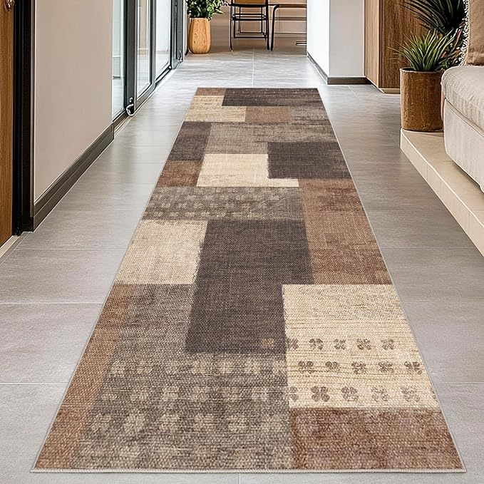 Modern Geometric Patchwork Indoor Runner Rug for Living Room, Beige 2.7'x 8' Large Rug Rockwood Collection Hardwood Floors Decor for Bedroom, Beige Throw Carpet for Office Entryway Dining Room
