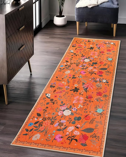 Boho Floral Runner Rug 2x6, Washable Non-Slip Kitchen Rug, Ultra Soft Vintage Carpet for Hallways, Kitchen, Bedroom, Bathroom (Orange)