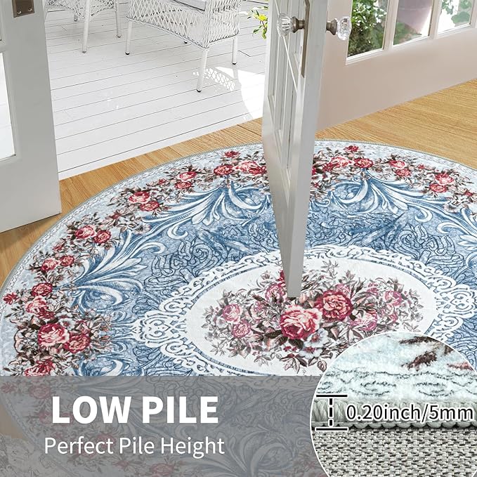 Easy-Going Round Area Rug 3ft Washable Floral Small Circle Rugs for Living Room Non-Slip Bedroom Rug Low Pile Lightweight Retro Flowers Throw Rug for Dining Room Kitchen Home Home Office, Teal Red
