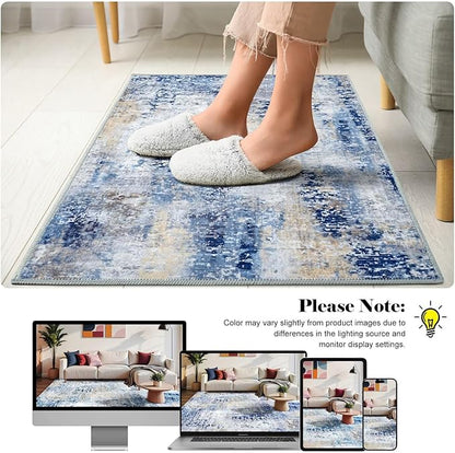 Washable Abstract Rug, 2x3 Small Modern Area Rugs with Non-Slip Rubber Backed for Kitchen, Thin but Soft Throw Carpet Bedroom Entryway Front Door Decor, Midnight Blue
