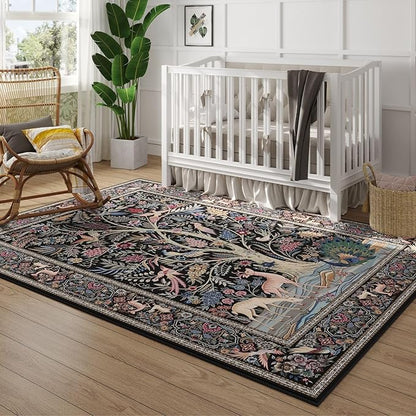 Rugcomf Area Rug 6x9 Vibrant Tree of Life-Patterned Vintage Washable Rug Non Slip Low Pile Large Rug for Living Room Bedroom Farmhouse Dining Room Kids Playroom, Black