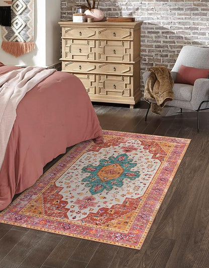 Moynesa Ultra-Thin Washable Vintage Area Rug - 3x5 Boho Girls Bedroom Non-Slip Non-Shedding Oriental Medallion Living Room Mat Indoor Carpet for Office Nursery Room, Pink/Teal/Multi