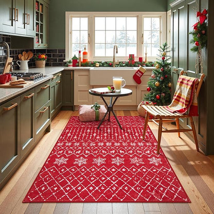 Lahome Christmas Rug 3x5 Red Washable Non Slip Small Area Rug Soft Low Pile Office Carpet Moroccan Snowflake Throw Rug for Living Dining Room Bedroom Xmas Holiday Decor Bedroom Rugs,