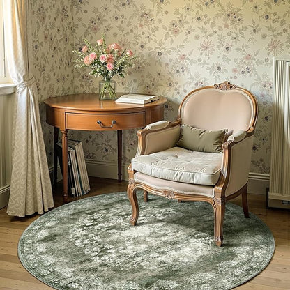 jinchan Round Rug 5ft Area Rug - Green Vintage Floor Mat Kitchen Indoor - Washable Circle 5' Thin Floral Print Carpet Retro Farmhouse Non Slip Dining Room Living Room Bedroom Office