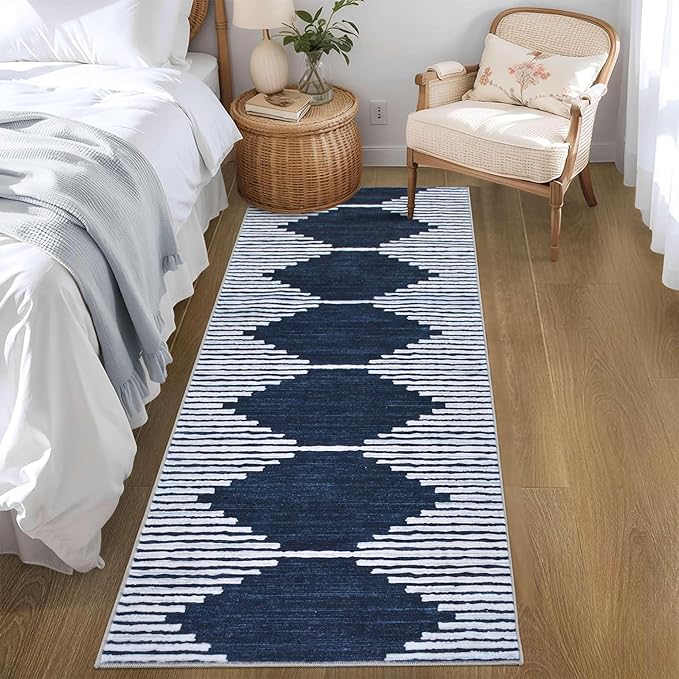 HelloTree Hallway Runner Rug，2x6 Moroccan Modern Stripe Carpet Washable Machine Bathroom Runner Bohemian Design Modern Soft Non Slip Indoor Rug for Entryway Hallway Laundry Room Bedroom-Blue