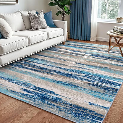 Modern Abstract 5x7 Machine Washable Area Rug Non-Slip Soft Bedroom Living Romm Rug Blue Ultra Thin Print Faux Wool Floor Carpet Throw Rugs for Nursery Playroom Dining Room Indoor Office