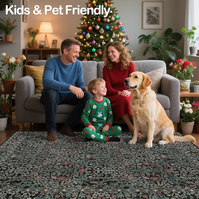 Extra Large 10x14 Area Rug for Living Room, Washable Rugs for Dining Room, Bedroom, Non Slip Stain Resistant Carpet, Low Pile Vintage Floral Rug (Dark Green)