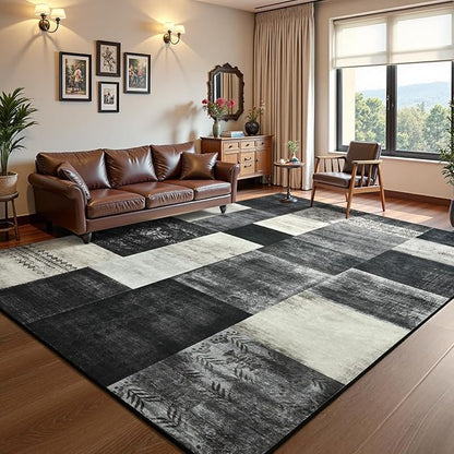 DweIke Washable Area Rugs for Living Room, 4x6 Soft Bedroom Rugs, Geometric Print Non-Slip Modern Rug, Stain Resistant Throw Carpets for Office Nursery Dining Room Home Dorm Decor, Black and White