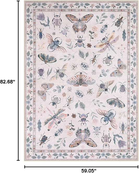 Lahome Insect Machine Washable Rugs 5x7, Non Slip Soft Pink Rugs for Bedroom Girls Living Room, Ultra-Thin Stain Resistant Accent Carpet for Dining Room Office Nursery(5'x7',Pink)