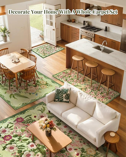 Floral Runner Rug 2x6 - Washable Vintage Bedroom Runner Rug Low Pile Non-Slip Carpet for Entryway Hallway, Laundry, Bathroom, Kitchen - Soft, Stain Resistant Indoor Area Rug - Green