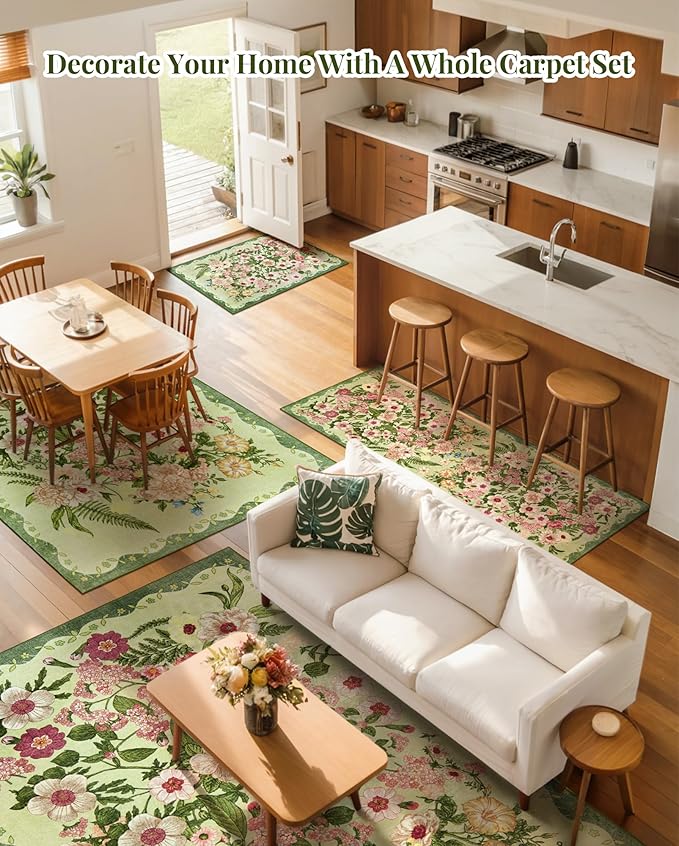 Floral Washable 5x7 Area Rugs - Living Room Rug Non Slip Low Pile Stain Resistant Carpets Indoor Vintage Flower Print Rug for Bedroom Dining Room Kitchen Home Office Green