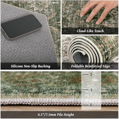 Washable 4x6 Rugs for Living Room, Boho Non-Slip Vintage Distress Small Rugs for Bedroom Nursery Office, 0.3" Neutral Oriental Throw Thin Carpet with Cushioning Pad, Grass Green/Multi