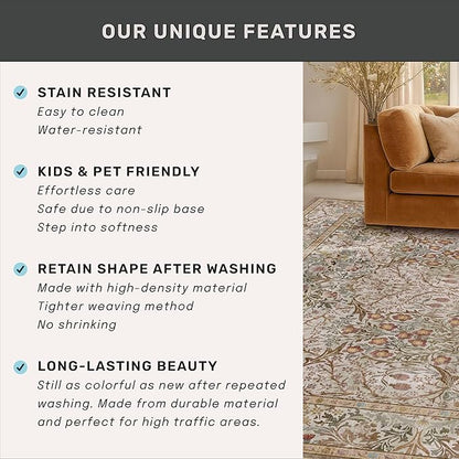 Moss Green 3x8 Oriental Runner Rugs for Hallway, Kitchen, Entryway Indoor - Non-Slip & Low Pile, Geometric Floral Stain Resistant Carpet, Vintage Neutral Home Décor