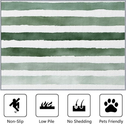Striped Indoor Rugs for Entryway - 2x3ft - Green and White Stripe Minimalist Watercolor Washable Non Slip Low Pile Small Area Rug for Bedroom, Striped Carpet Home Decor & Gifts