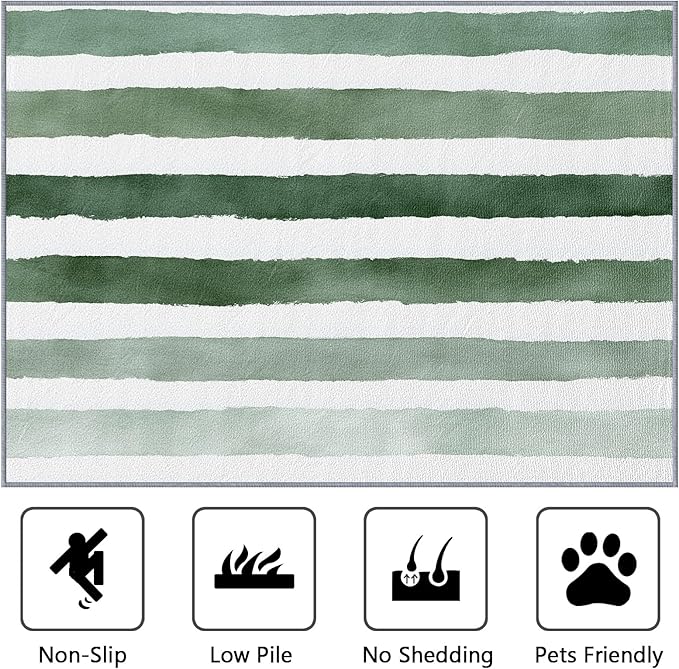 Striped Rug 3x5 - Green and White Stripe Minimalist Watercolor Rugs for Bedroom Non Slip Low Pile Machine Washable Area Rugs for Living Room Kitchen, Striped Carpet House Decor & Gifts