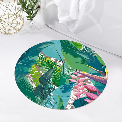Tropical Leaves Round Rug 3ft - Machine Washable Non-Slip Circular Floor Mat, Short Pile Soft Rug for Living Room, Bedroom, Nursery in Green & Pink Botanical Design