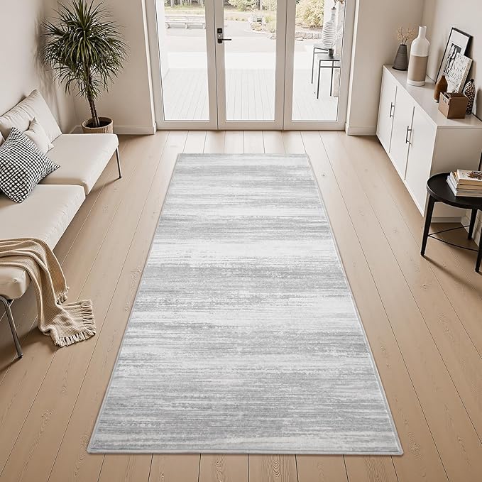 PADOOR Modern Abstract Runner Rug - 2x10 Washable Hallway Rugs, Ultra Soft Non-Slip Low Pile Floor Rugs for Hallway Entryway Kitchen Bedroom Bedside Laundry Room Grey