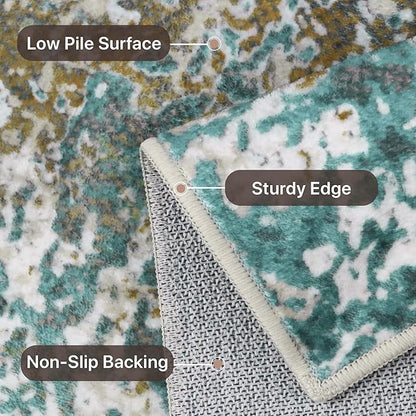 GENIMO 6x9 Area Rugs for Living Room, Machine Washable Rug Non Slip, Low Pile Ultra-Thin Lightweight Large Carpet, Abstract Modern Rugs for Bedroom, Dining Room, Office, Nursery, Teal/Beige