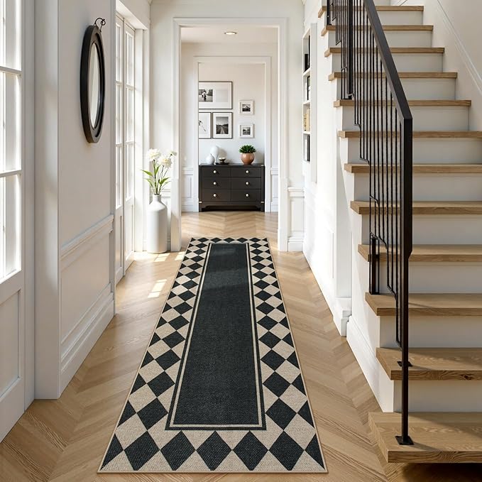 Moynesa Easy Jute Hallways Runner Rugs Washable 2.5x8 Entryway Rug Runners for Kitchen Black Checkered Indoor Outdoor Carpet for Entryway Patio, Diamond Grid Mat for Bathroom Bedroom Laundry