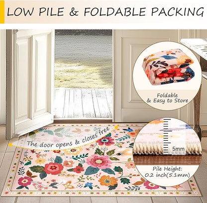Floral 4ft Area Rug Machine Washable Soft Print Boho Carpet Non Slip Doormat Low Pile Flower Area Rugs for Living Room Bedroom Nursery Kitchen Dining Room Indoor-Pink