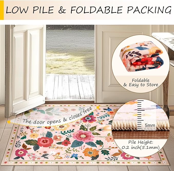 Floral 8x10 Area Rug Machine Washable Soft Print Boho Carpet Non Slip Doormat Low Pile Flower Area Rugs for Living Room Bedroom Nursery Kitchen Dining Room Indoor-Pink