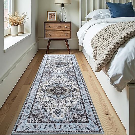 Runner Rug 2×6, Machine Washable Non-Slip Vintage Area Rug, Low Pile, Indoor Carpet Printed Floral Rugs for Living Room, Entryway, Kitchen, Bedroom,Blue