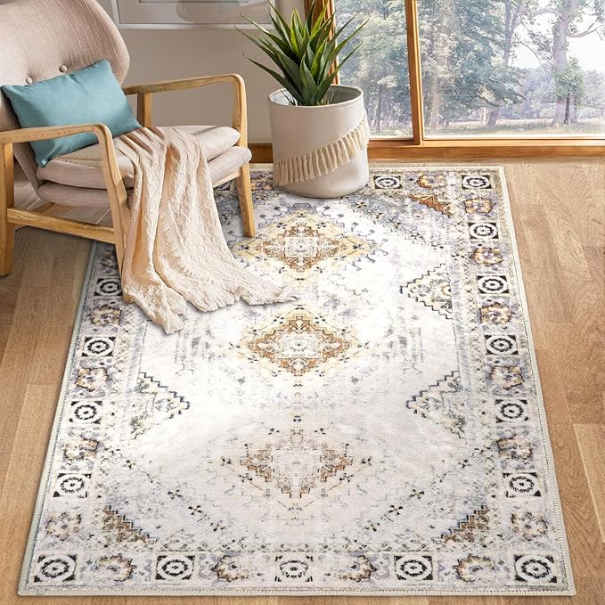 COMSLE Area Rug 3x5 Faux Wool Rugs for Kitchen, Boho Washable Throw Rugs Non-Slip Distressed Carpet Soft Accent Floor Rug for Bedroom, Living Room, Laundry Room (Khaki)