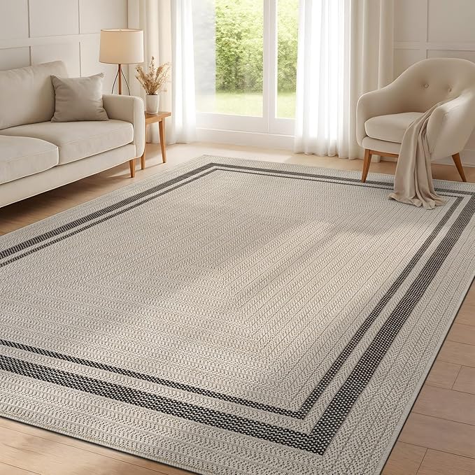 Beverly Rug Easy Jute Bordered Rug 6x9 Washable Durable Indoor Outdoor Area Rugs for Living Dining Room Patio Office Stain Resistant Non Shedding Casual Indoor Outside Carpet 6 x 9 Off-White
