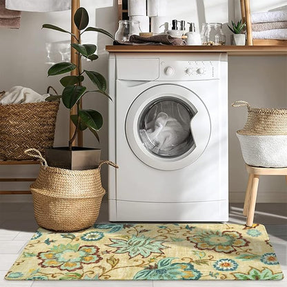 Lahome Floral Runner Rug - 2x4 Area Rug Non-Slip Low-Pile Washble Entryway Runner Rug Small Throw Laundry Mat Bathroom Runner, Boho Beige Paisley Carpet Runners for Hallway Bedroom Kitchen Foyer