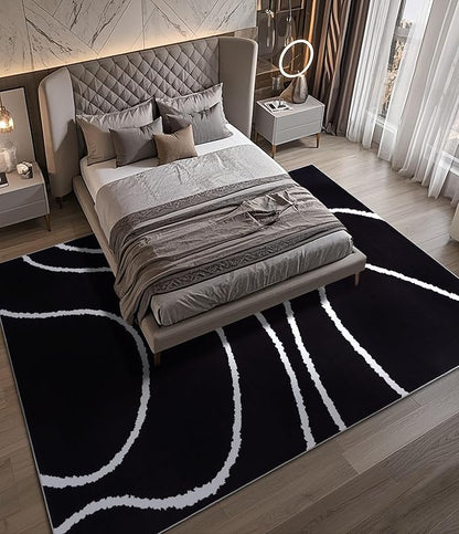 YIHOUSE Black Modern Area Rugs 8x10,Large Black and White Rugs for Living Room,Wave Washable Rug 8x10,Thin Abstract Geometric Rug,Minimalist Striped Rugs for Bedroom,Office