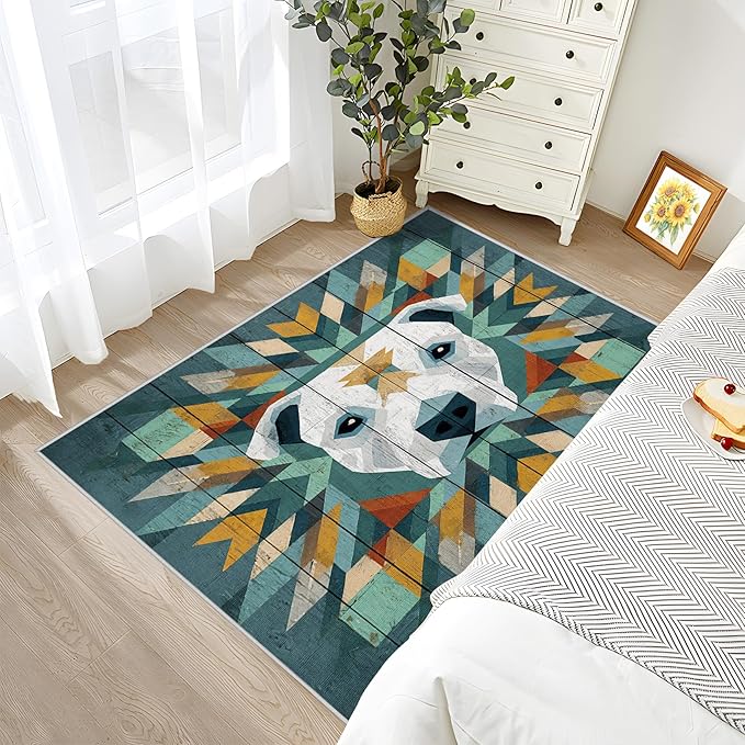 Pitbull Washable Rugs - 5x8ft - Modern Geometric Dog Rustic Wood Grain Rugs for Living Room Non Slip Low Pile Area Rug for Bedroom, Dog Carpets Room Decor & Gifts